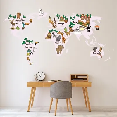 Pale Pink Animal World Map Wall Sticker WS-51474 • £12.98