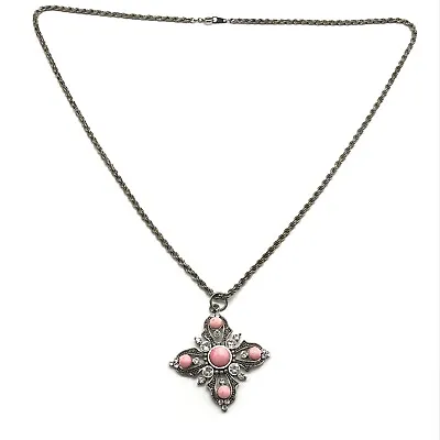 Vintage Silver Tone Pink Stone Clear Rhinestone Cross Pendant Necklace 24  • $19.99