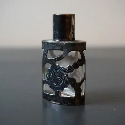 Silver Overlay Glass Perfume Bottle Small Etched Floral Design Hecho En Mexico • $20