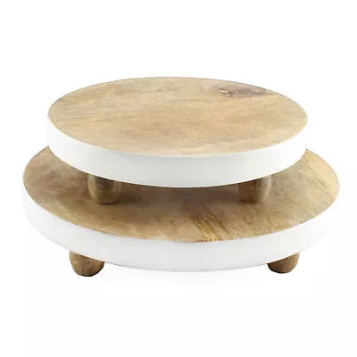 Farmhouse Round Wooden Risers Set Of 2 Rustic Decor W/ Wood & White Enamel Trim • $22.99