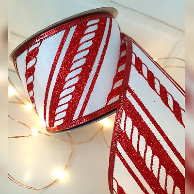 £2.19 • Buy 1Metre Wired Red & White Candy Cane Striped Glitter Christmas Ribbon, Sweets