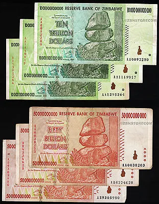 3 X 10 Trillion + 3 X 50 Billion Zimbabwe Dollars AA 2008 Currency Authentic COA • $112.95