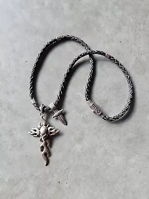 Black Woven Leather Necklace With Silver Tone Skull Cross & Dagger Pendants • $16.41