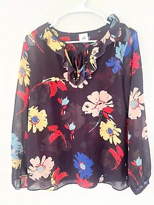 Cabi Juliet Top Womens Small Top Black Red Pink Floral Ruffle Blouse #3859 Shirt • $17