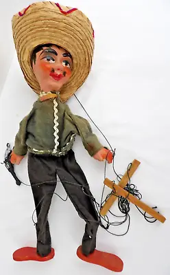 Vintage Mexican Spanish Wood Sombrero Hat Gun Fighter Marionette String Puppet • $12.34