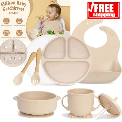 7pcs BABY FEEDING SET - SILICON SUCTION BOWL PLATE BIB CUP SPOON FORK WEANING • £11.89