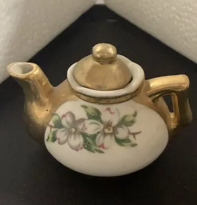 Vintage Porcelain Miniature Tea Pot Gold Trim White Flowers • $5.99