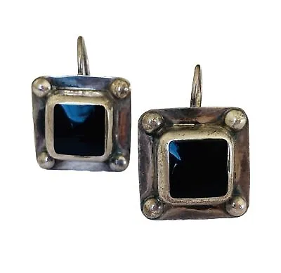 Vintage Taxco Mexico 925 Sterling Black Onyx Square Dangle Earrings • $39.99