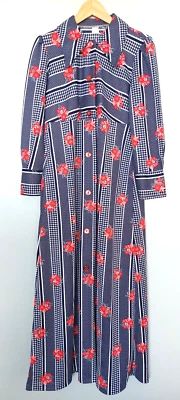 £25 • Buy TRUE VINTAGE 70s MAXI DRESS Or House Coat BLUE RED WHITE DAGGER COLLAR M L 14 16
