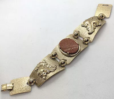 Vintage Textured Goldtone & Sparkly Goldstone Linked Panel Bracelet! • $18