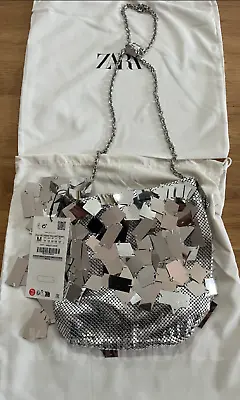 Zara New Woman Ss24 Silver Metallic Bucket Bag With Fringing Ref:6452/210 • £113.03