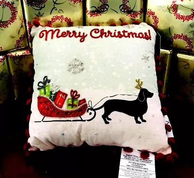 City Chic **DACHSHUND RAINDEER BEADED** Christmas Pillow 12X12 NWT • $4.59