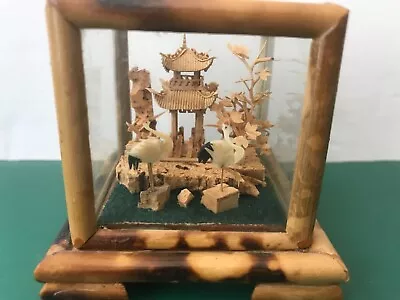 Oriental Cork CARVED Miniature DIORAMA Scene Pagoda Storks Tree In Glass Display • $11.19