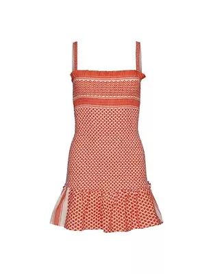 CECILIE COPENHAGEN 1066 Judith Shirred Stretch Orange Mini Dress MEDIUM Summery • $89.99