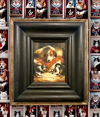 $395 • Buy Painting Dog And Puppies Oil On Board In Heavy Wood Frame Vintage Art Decor