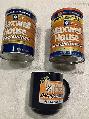 2-Vintage Maxwell House Coffee Decaffeinated Can Tins- 13 Oz- SEALED! PLUS MUG! • $16.75