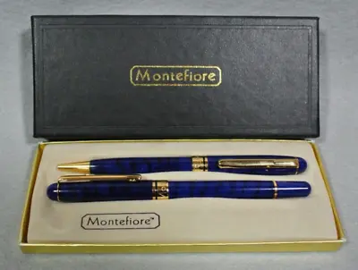 Vintage MONTEFIORE Box Pen Set Rollerball & Ball Point Blue Marble W Gold Accent • $19.99