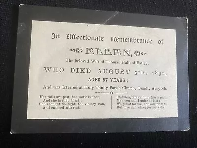 1892 In Memoriam Funeral Mourning Card Ellen Hall Of Batley Yorkshire Aged 57 • £3