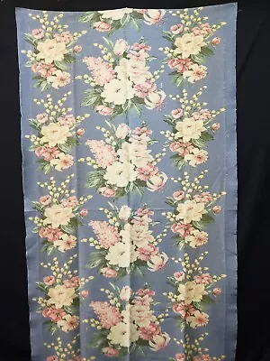 Vintage Cotton Barkcloth Fabric Floral On Blue Rescued Curtain 38x70  Estate • $8.99