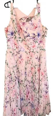 MARCHESA NOTTE Pink + Multi Polyester Pleat Jacquard Floral Rear BOW Dress US 16 • $45