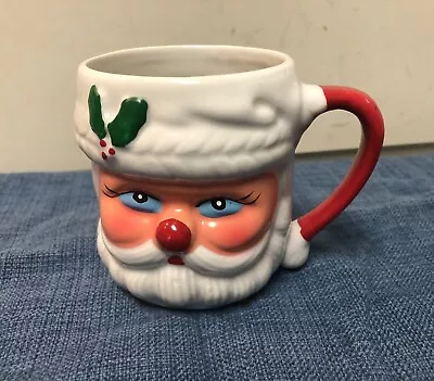 Vintage Santa Claus Head Face Mug Christmas Ceramic Cup Blue Eyes Holly Red Nose • $15