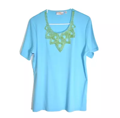 Quacker Factory Beaded Embellished T-Shirt Top Women's Medium Sky Blue Necklace • $10