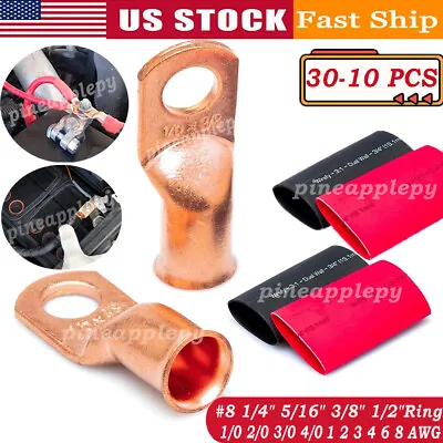 30/10PCS 1/0 AWG Gauge Copper Cable Lugs BLACK & RED Heat Shrink Ring Terminals • $12.98