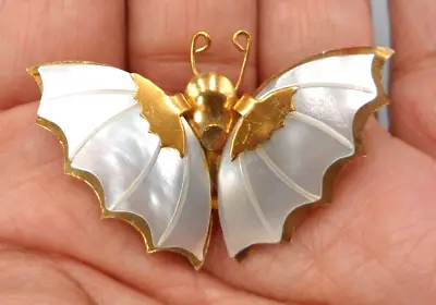 Vintage Butterfly Brooch MOP Shell Umbrella Wings 50s Novelty Jewelry Figural • $10
