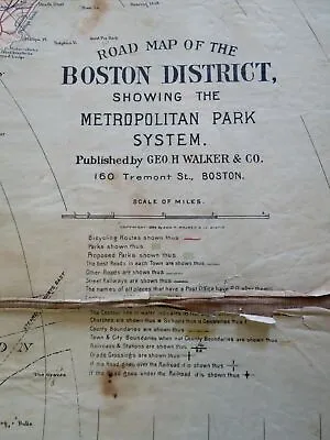 Boston Massachusetts Road Map Park System 1894 Walker Large City Plan Map • $68