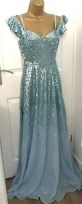 £35 • Buy Goddiva Powder Blue Sequin Chiffon Prom Dress UK 10 Flutter Sleeve Maxi Long