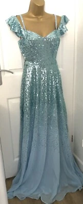 £35 • Buy Goddiva Powder Blue Sequin Chiffon Prom Dress UK 10 Flutter Sleeve Maxi Long
