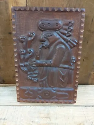 Mayan Hand Carved Wood Wall Plaque Relief Musical Pipe Player • $30