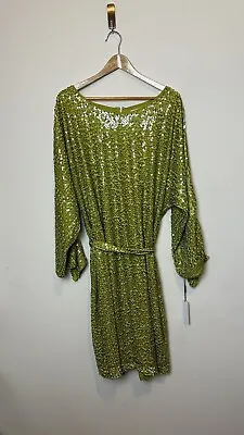 Vicky Tiel Women's Sequin Midi Belted Apple Green Long Sleeve Scoop Neck Size 2X • $299