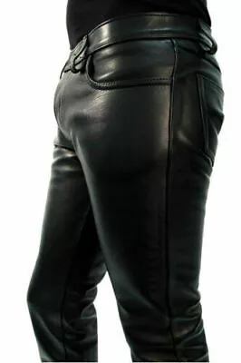 Mens Biker Jeans Real Black Casual Lambskin Leather Sleek Style Pants • $120