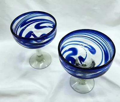 NWT Cobalt Blue Swirl Mexican Hand Blown Glass Margarita Glasses Set Of 2 NEW • $24.62