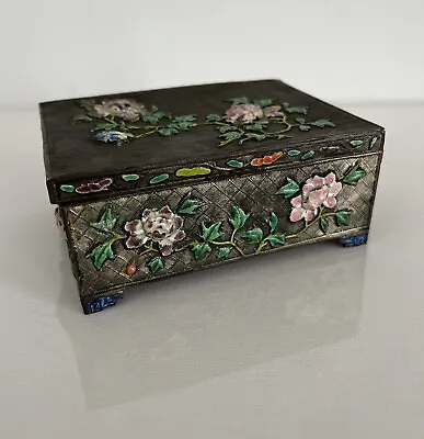 Chinese Cloisonne Trinket Box Enamel Flower Brass Hinged Footed Retro Vintage • $48