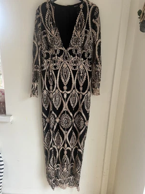 £5.50 • Buy Gorgeous Black Gold Sequin Long Evening Dress Size 14