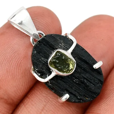 Natural Black Tourmaline & Moldavite 925 Sterling Silver Pendant AC6 CP21029 • $6