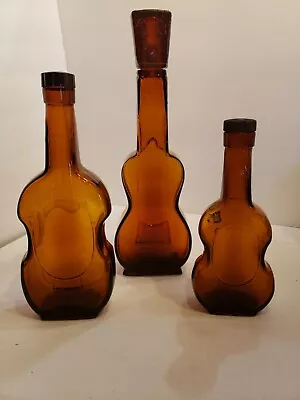 3 Vintage Amber Guitar Glass Liquor Bottles 3 Sz Collection Farmhouse Lot Violin • $29.99