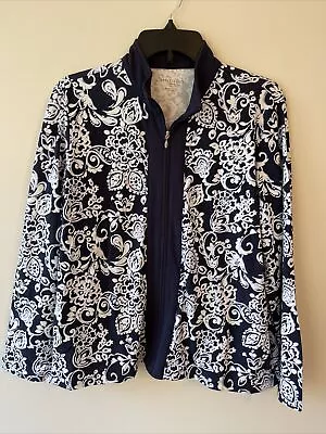 Appleseeds Womens Petite Large Blue Floral Long Sleeved Zip Up Jacket! A1083 • $16.99