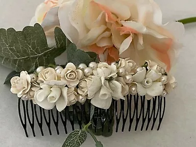  Vintage OOAK Hair Comb Pearl And Porcelain Flower Comb Handmade Bridal Wedding  • $13.61