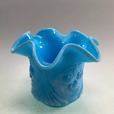 L.G. Wright Cherries Blue Slag Ruffled Rim Glass Open Sugar Bowl • $34.99