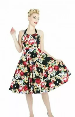 H & R London Dress Pixel Floral Pin On Pixel Halter Swing 50's Rockabilly 9485 • $40