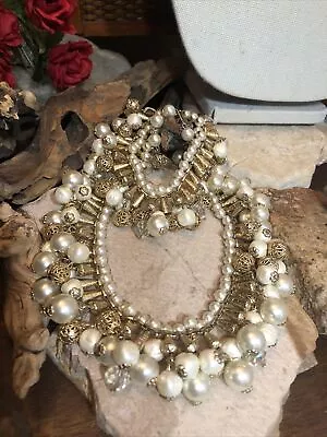 Miriam Haskell Gold Tone Filigree Ball Faux Pearl Dangle Necklace Bracelet Set • $459.99