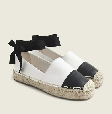 NEW J Crew Black & White Cap Toe Canvas Espadrille Lace-Up Flats • $50