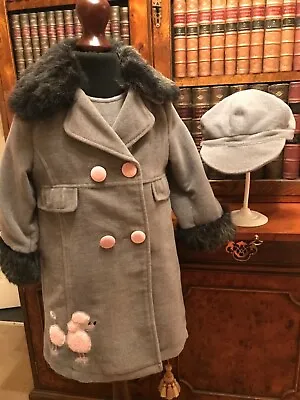 Girls’ Couche Tot Grey Velvet Dress Fur Trim Coat & Hat Outfit - Age 2-3 Years • £45