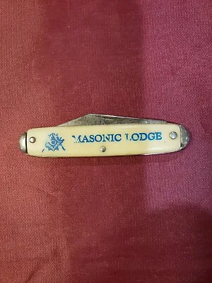 Pearl Colored Pocket Knife With Blue Masonic Lodge Logo 2.25  Blade Made In USA  • $3