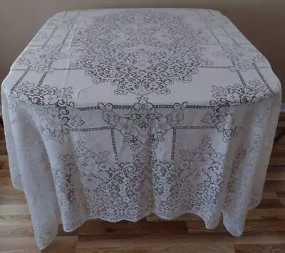 Vintage #1006 Quaker Lace Tablecloth Ivory Floral Swirls Cotton Picots 84  • $37.99