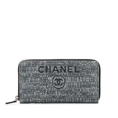 CHANEL CC Coco Deauville Round Zipper Long Wallet Blue Tweed 240101T • $1651.15