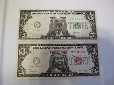 Lot Of 2 Vintage Bill & Hillary Clinton Three Dollar $3 Bills Novelty Satire  • $5.49